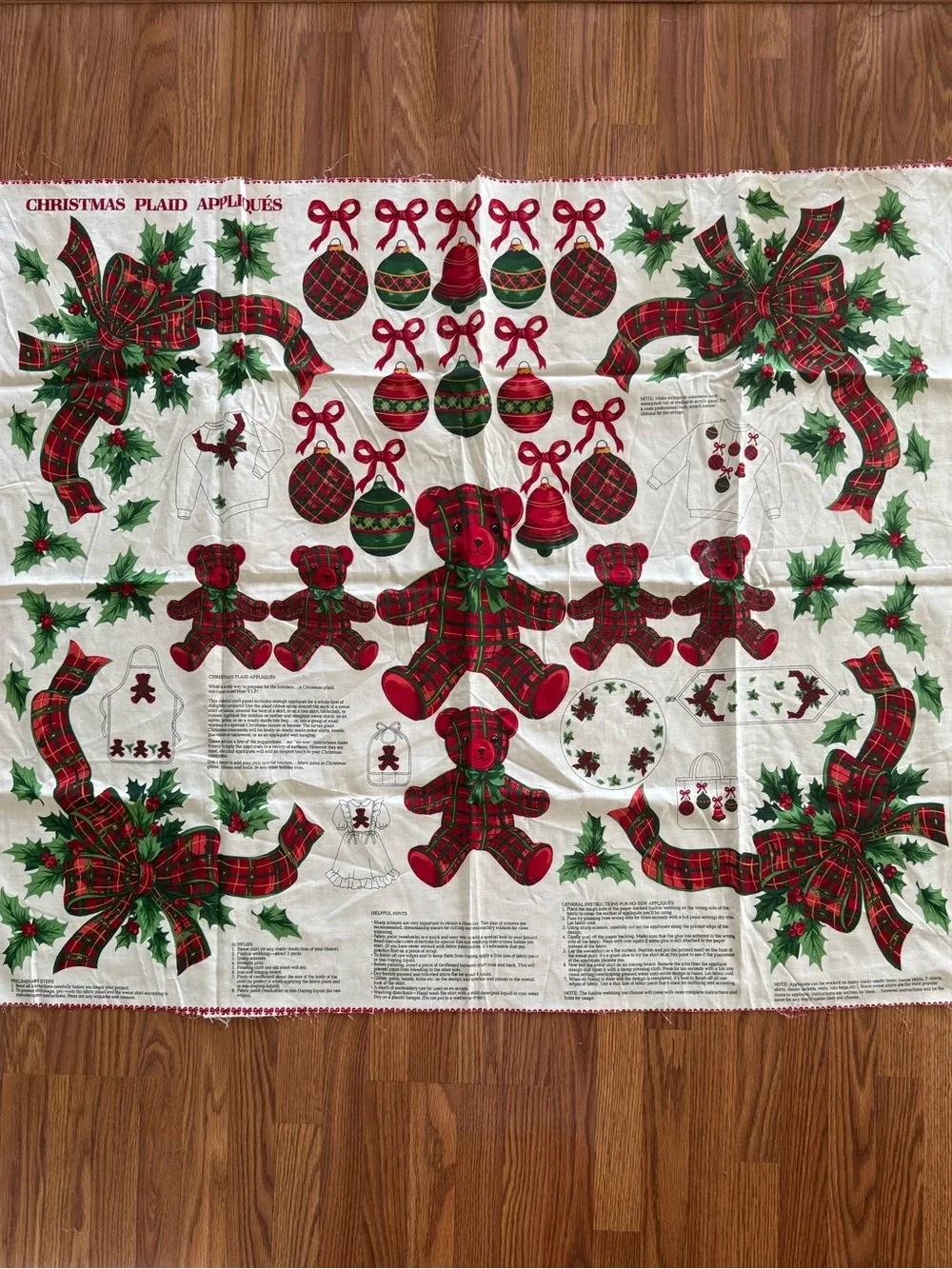Christmas Plaid Appliqué Fabric Panel - Red & Green Holiday Bears and Bows